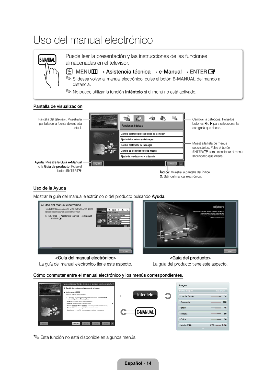 Samsung UE55D8000YSXXC, UE40D8000YSXXH Uso del manual electrónico, Esta función no está disponible en algunos menús 