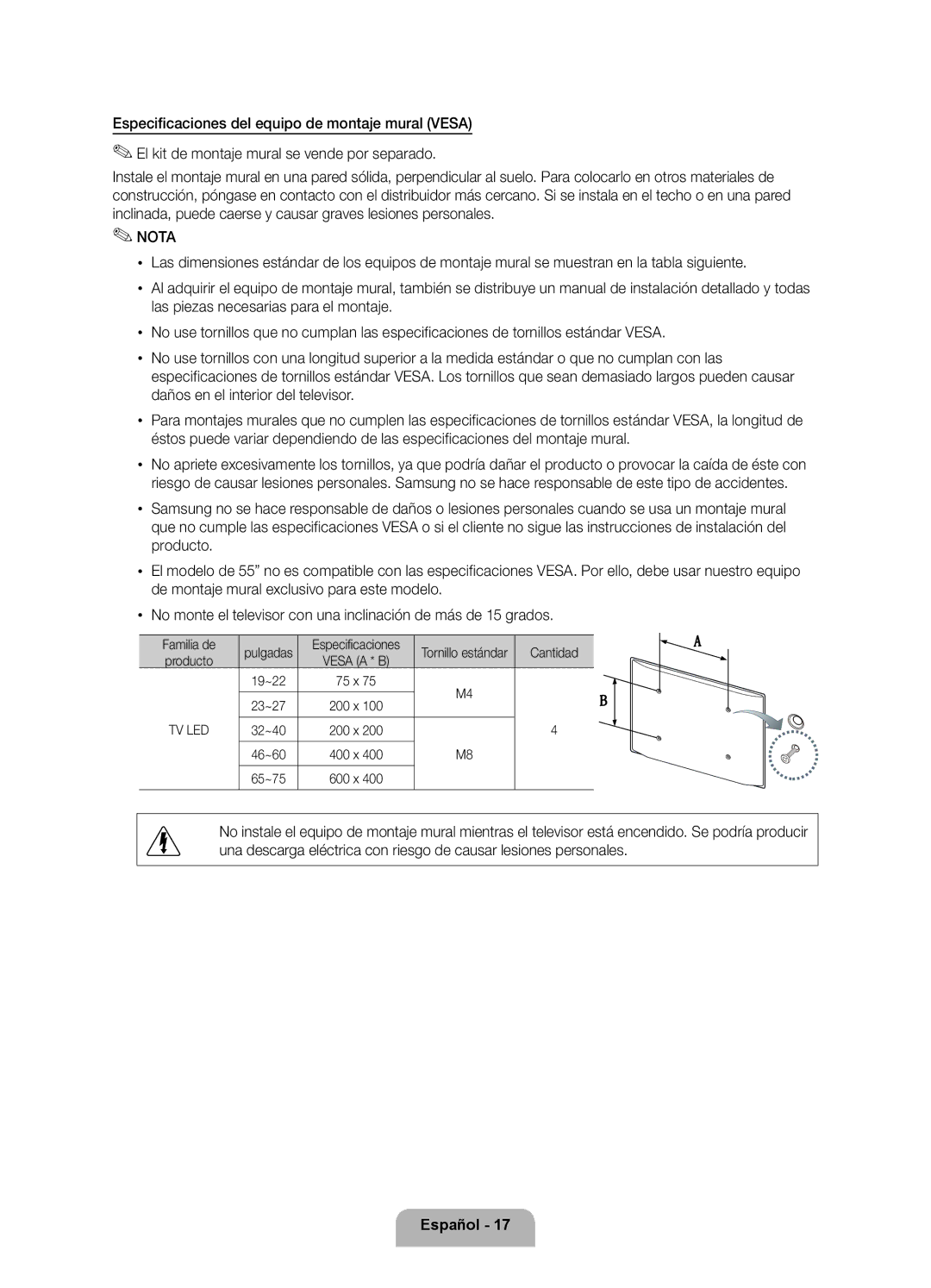 Samsung UE40D8000YSXZF, UE40D8000YSXXH manual Pulgadas, Tornillo estándar, Producto, 32~40 200 x 46~60 400 x 65~75 600 x 