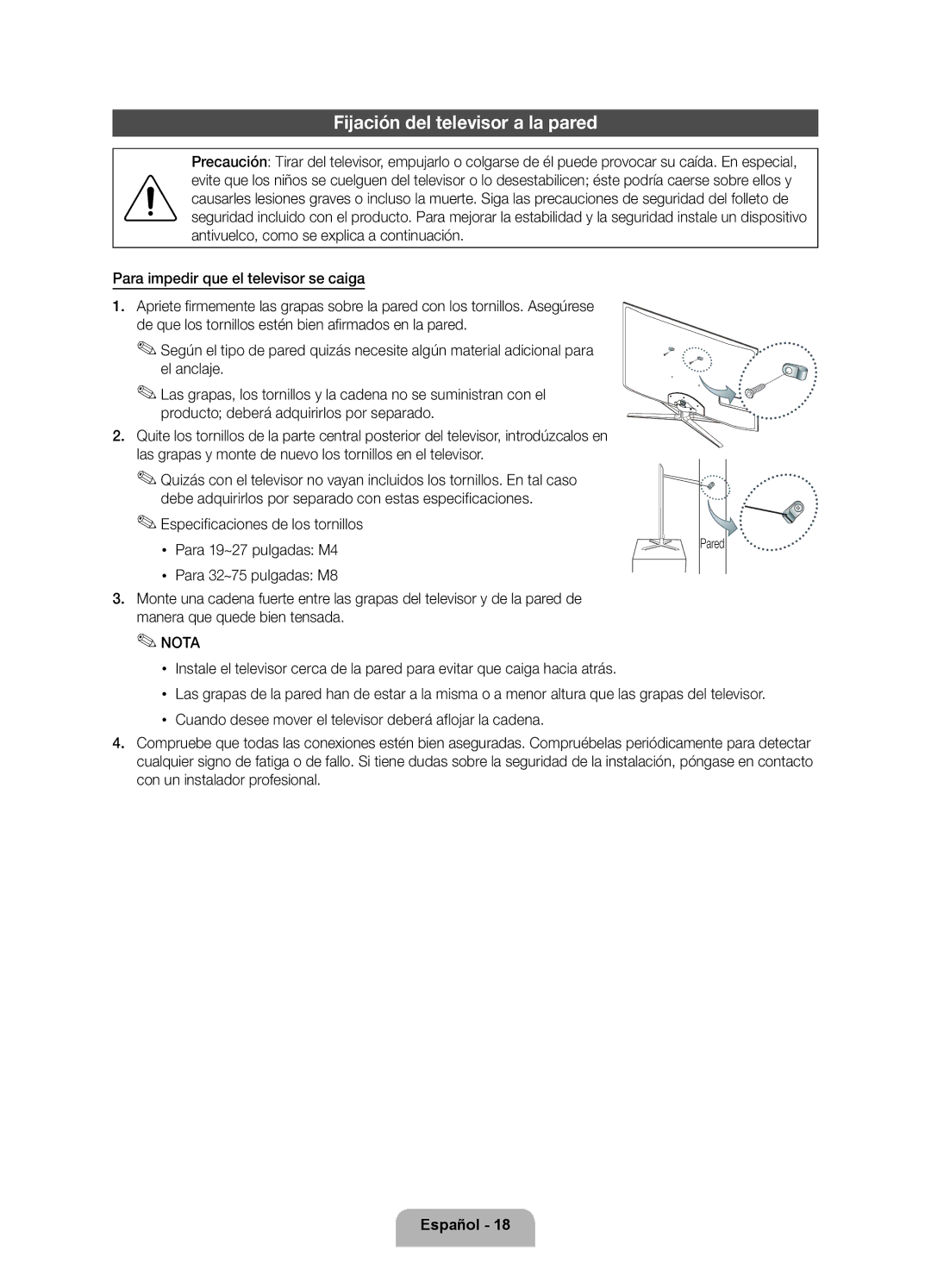 Samsung UE40D8000YSXXC, UE40D8000YSXXH, UE60D8000YSXXC, UE46D8000YSXXC, UE55D8000YSXXH manual Fijación del televisor a la pared 