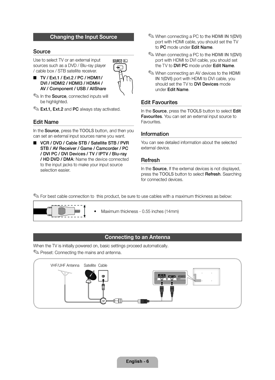 Samsung UE46D8000YSXXH manual Changing the Input Source, Connecting to an Antenna, Use to select TV or an external input 