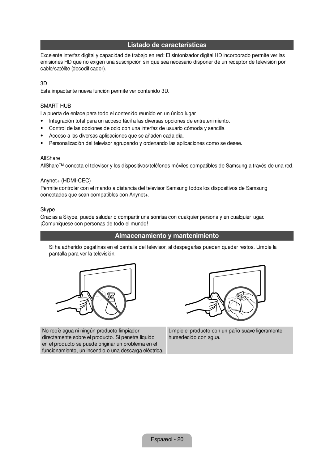 Samsung UE40D8000YSXXH, UE60D8000YSXXC, UE46D8000YSXXC manual Listado de características, Almacenamiento y mantenimiento 