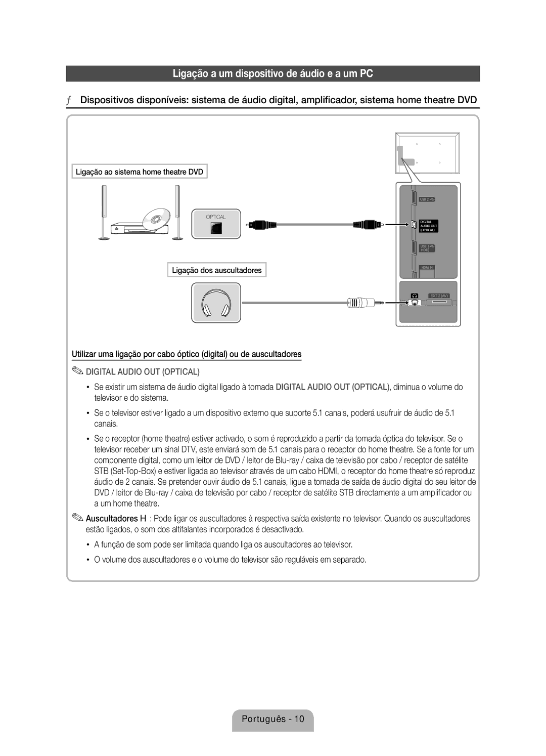 Samsung UE40D8000YSXXH, UE60D8000YSXXC, UE46D8000YSXXC, UE55D8000YSXXH manual Ligação a um dispositivo de áudio e a um PC 