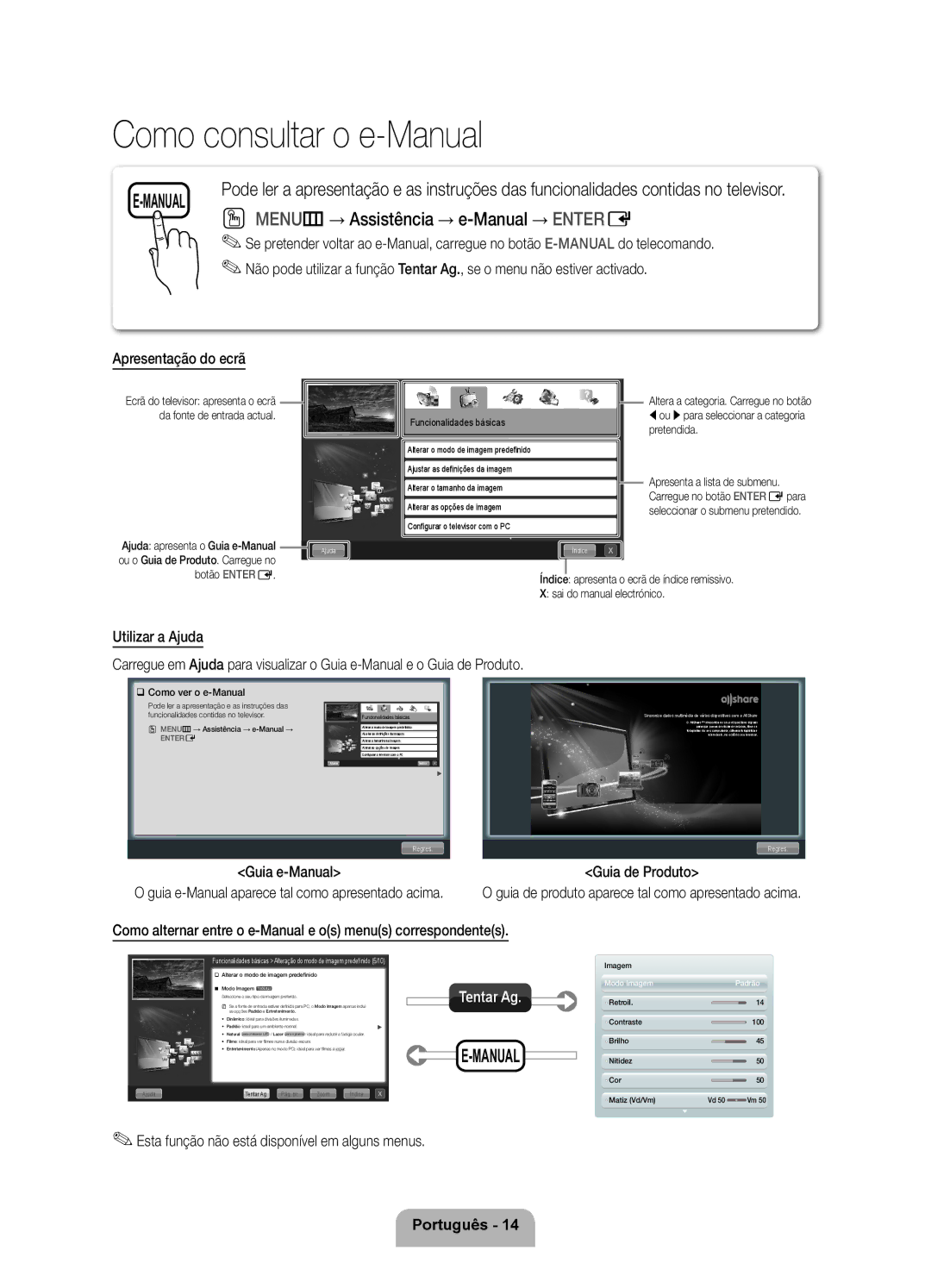 Samsung UE55D8000YSXXC, UE40D8000YSXXH Apresentação do ecrã, Como alternar entre o e-Manual e os menus correspondentes 