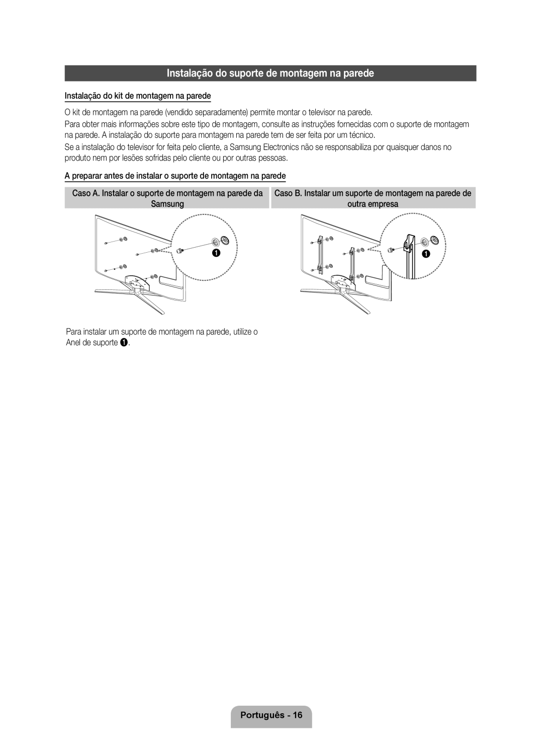 Samsung UE46D8000YSXXH, UE40D8000YSXXH, UE60D8000YSXXC, UE46D8000YSXXC manual Instalação do suporte de montagem na parede 