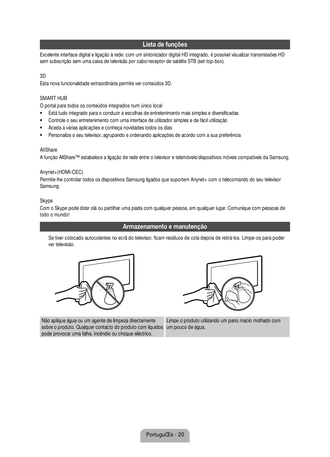 Samsung UE40D8000YSXXH, UE60D8000YSXXC, UE46D8000YSXXC, UE55D8000YSXXH manual Lista de funções, Armazenamento e manutenção 