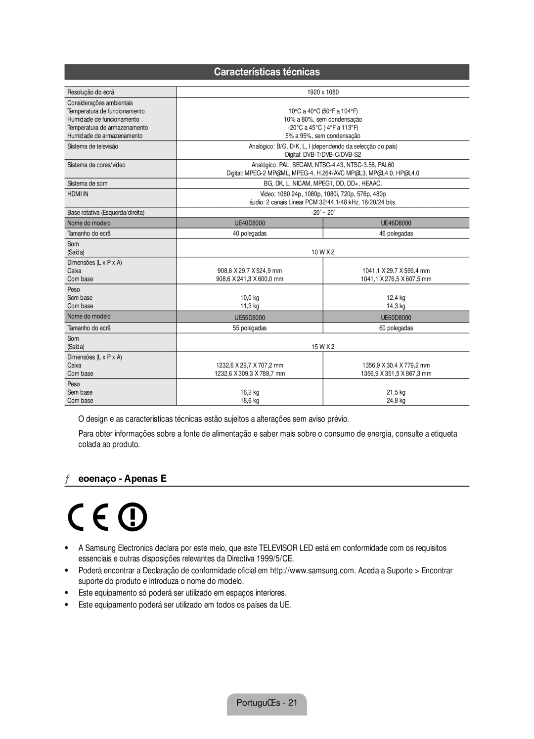 Samsung UE60D8000YSXXC, UE40D8000YSXXH, UE46D8000YSXXC, UE55D8000YSXXH, UE55D8000YSXXC manual Características técnicas 