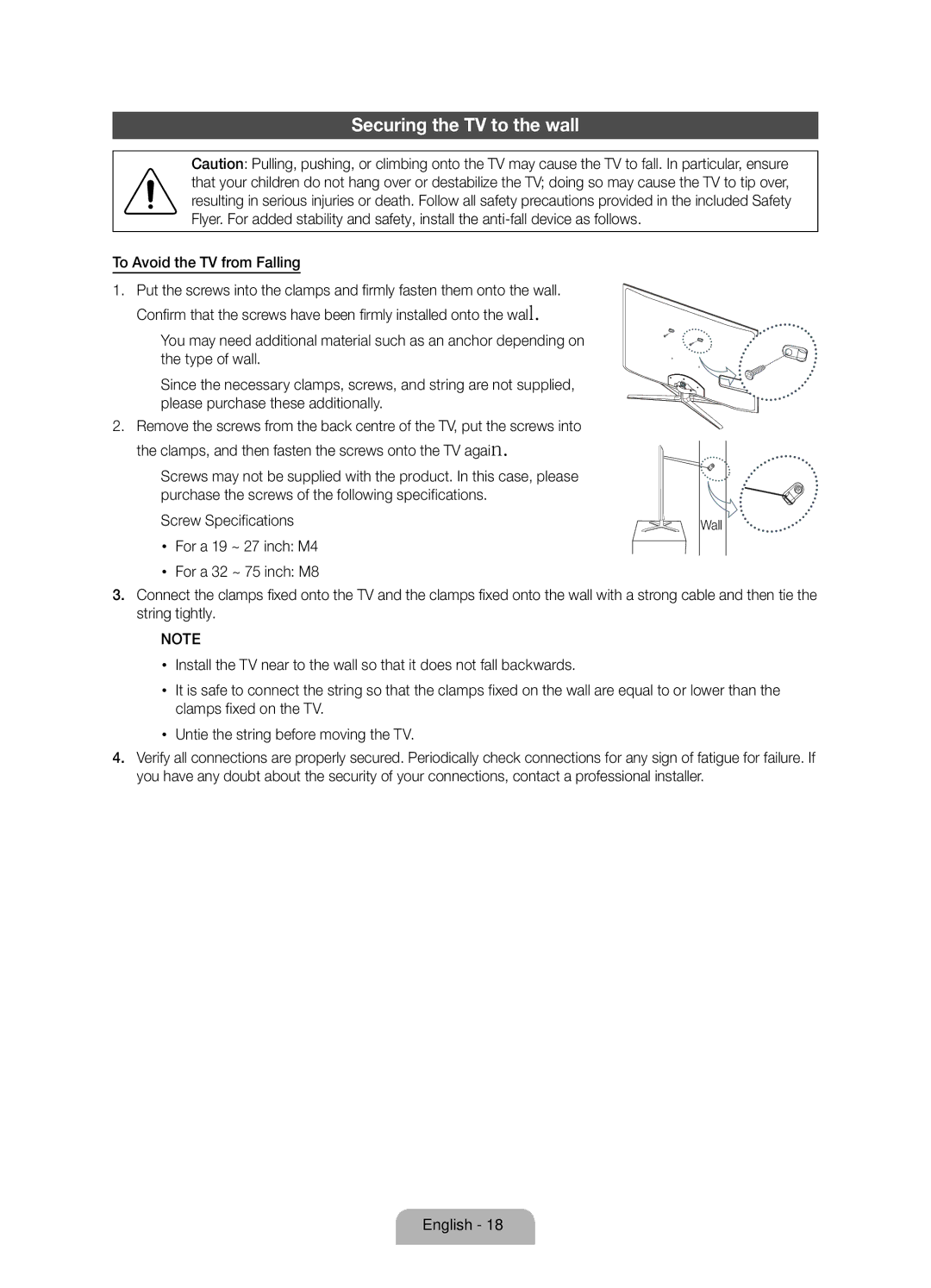 Samsung UE40D8090YSXZG, UE46D8090YSXZG, UE55D8090YSXZG manual Securing the TV to the wall, To Avoid the TV from Falling 