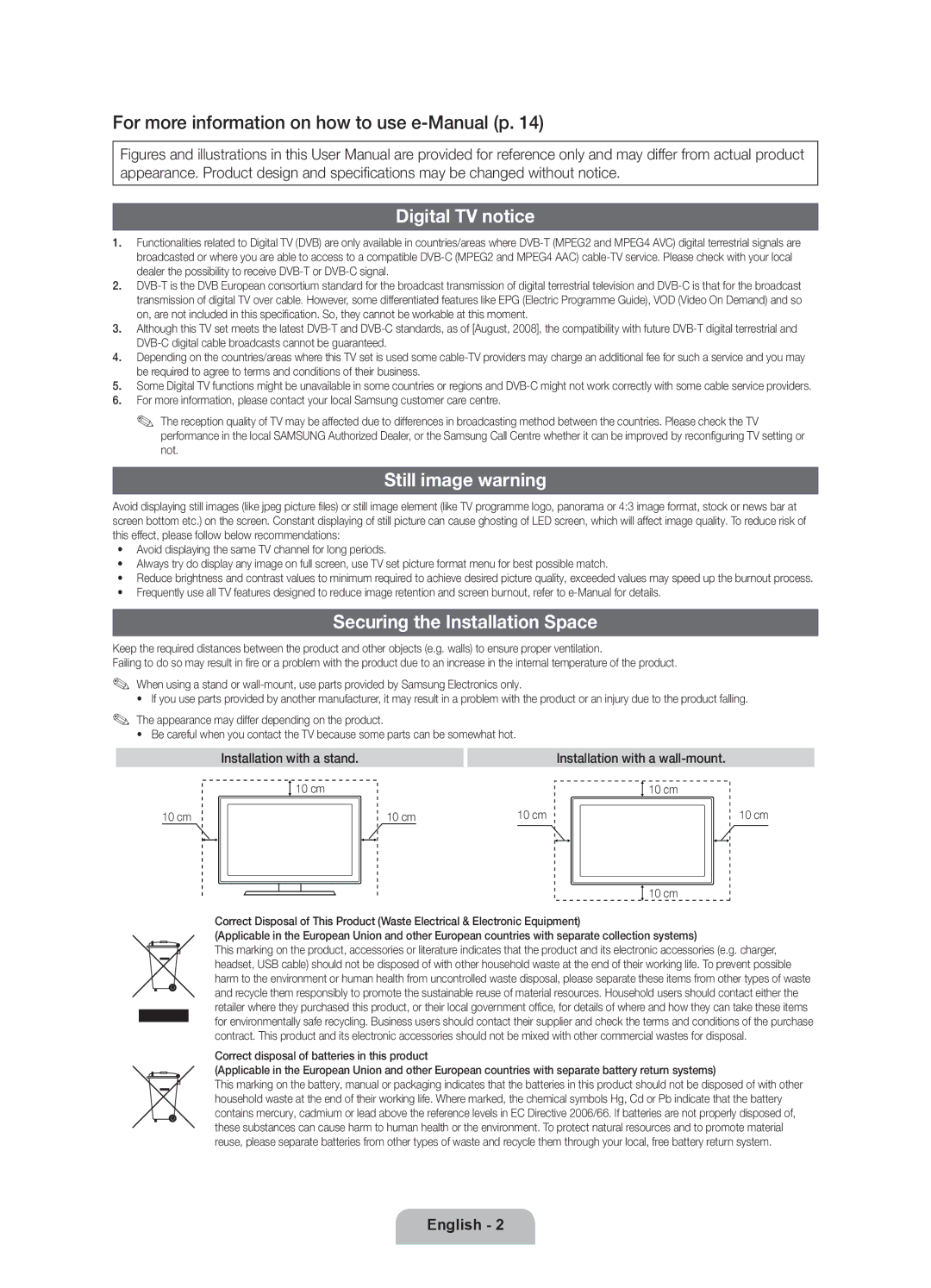 Samsung UE55D8090YSXZG, UE40D8090YSXZG manual Digital TV notice, Still image warning, Securing the Installation Space, 10 cm 