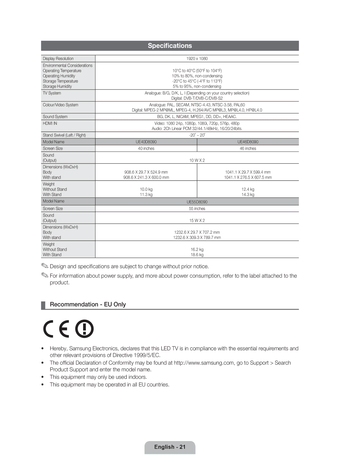 Samsung UE40D8090YSXZG, UE46D8090YSXZG, UE55D8090YSXZG manual Specifications 