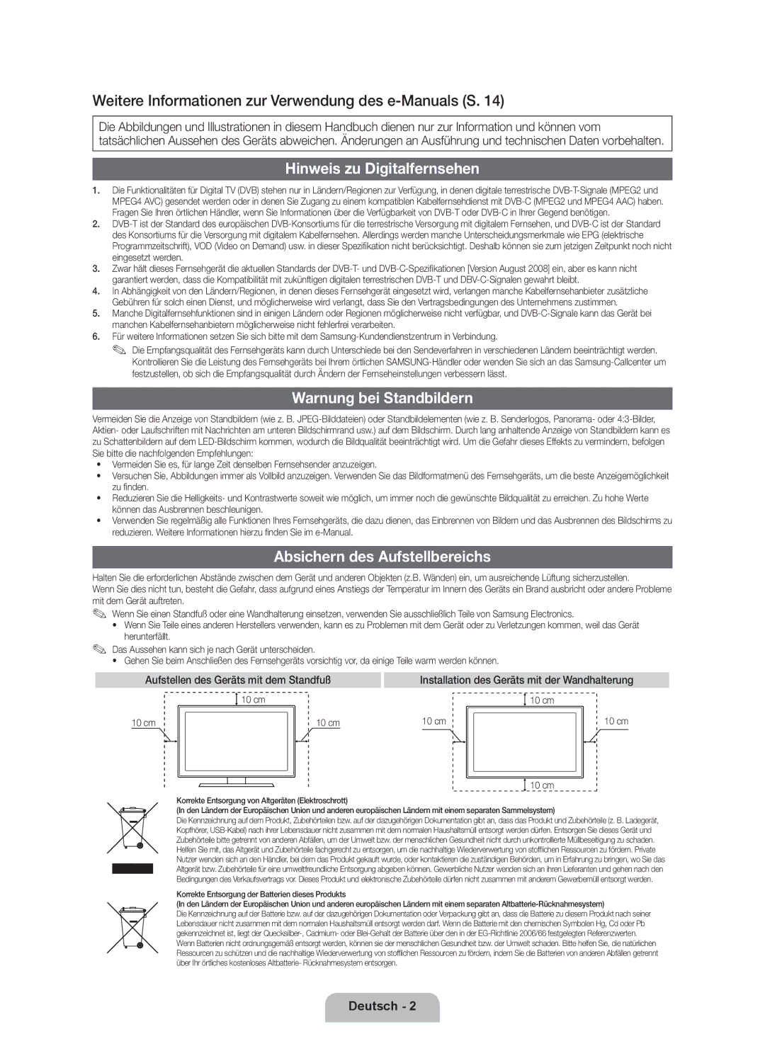 Samsung UE46D8090YSXZG manual Hinweis zu Digitalfernsehen, Warnung bei Standbildern, Absichern des Aufstellbereichs 