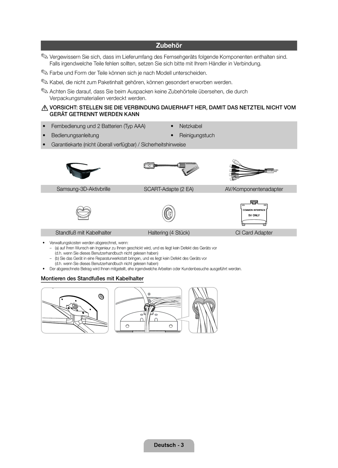 Samsung UE55D8090YSXZG manual Zubehör, Standfuß mit Kabelhalter Haltering 4 Stück, Montieren des Standfußes mit Kabelhalter 