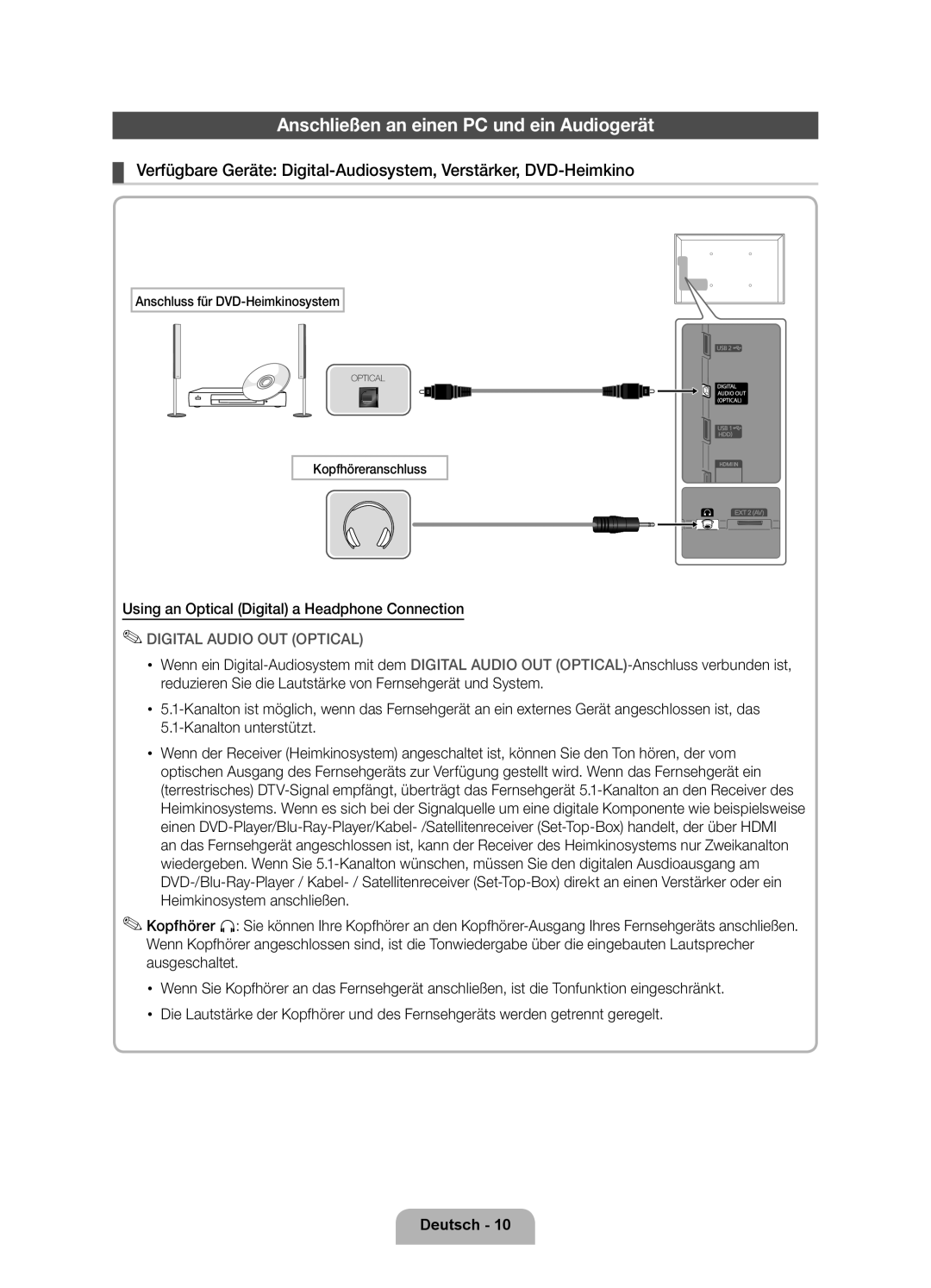 Samsung UE40D8090YSXZG manual Anschließen an einen PC und ein Audiogerät, Using an Optical Digital a Headphone Connection 