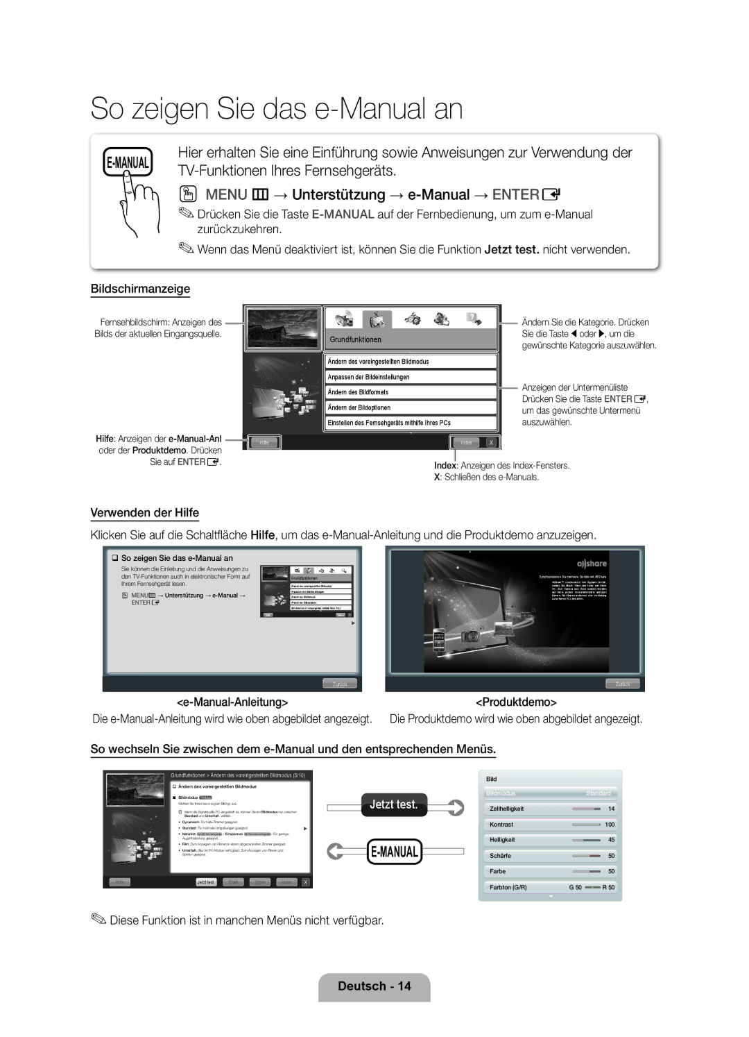 Samsung UE46D8090YSXZG, UE40D8090YSXZG manual Manual-Anleitung, Diese Funktion ist in manchen Menüs nicht verfügbar 