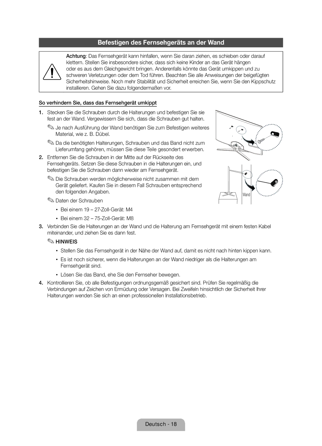 Samsung UE55D8090YSXZG manual Befestigen des Fernsehgeräts an der Wand, So verhindern Sie, dass das Fernsehgerät umkippt 