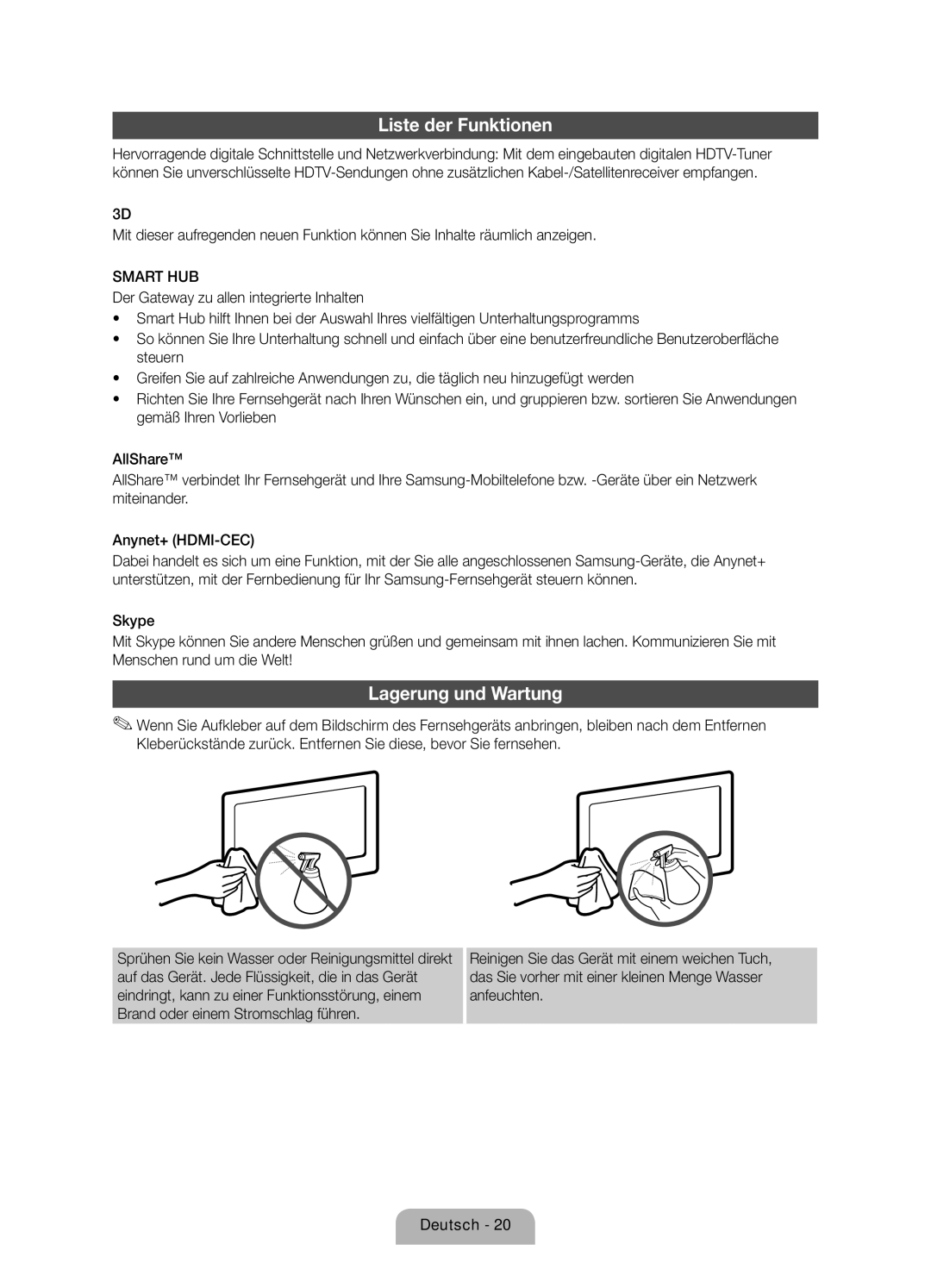 Samsung UE46D8090YSXZG, UE40D8090YSXZG, UE55D8090YSXZG manual Liste der Funktionen, Lagerung und Wartung 