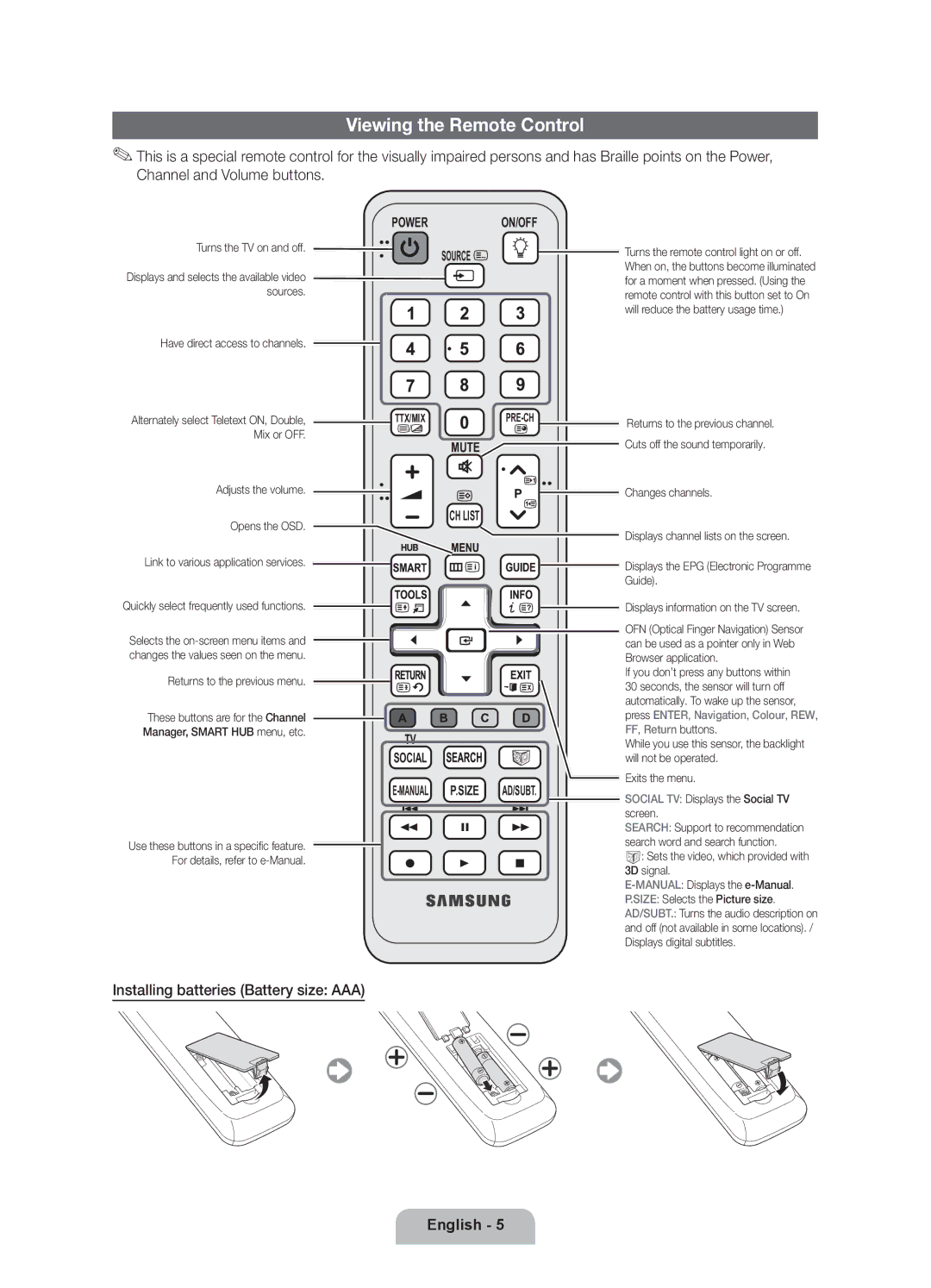 Samsung UE55D8090YSXZG, UE40D8090YSXZG, UE46D8090YSXZG Viewing the Remote Control, Installing batteries Battery size AAA 