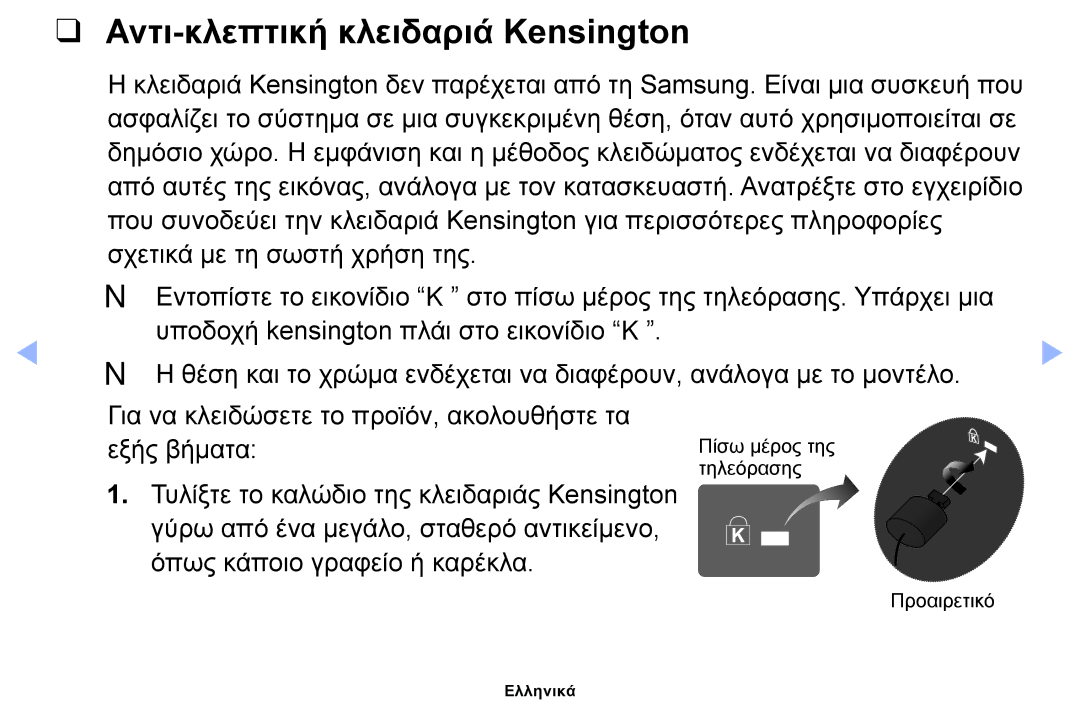 Samsung UE26EH4000WXXH, UE40EH5000WXXH, UE32EH5000WXXH, UE32EH4000WXXH, UE19ES4000WXXH Αντι-κλεπτική κλειδαριά Kensington 