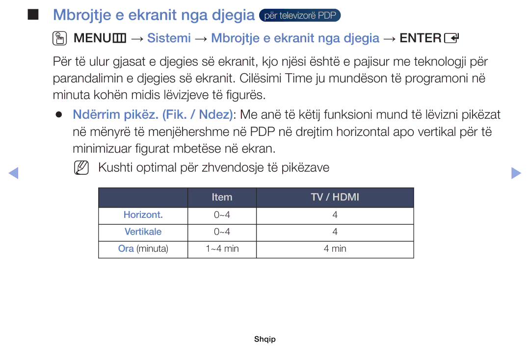 Samsung UE22ES5000WXXH, UE40EH5000WXXH, UE32EH5000WXXH, UE32EH4000WXXH manual Mbrojtje e ekranit nga djegia për televizorë PDP 