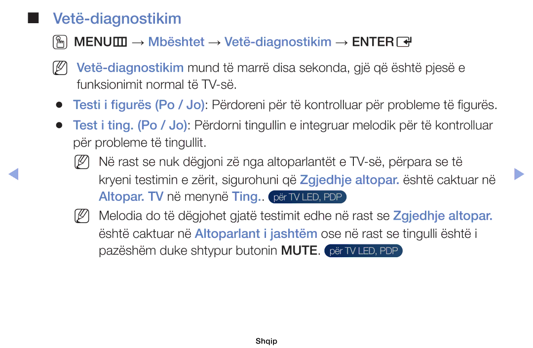 Samsung UE40EH5000WXXH, UE32EH5000WXXH OOMENUm → Mbështet → Vetë-diagnostikim → Entere, Altopar. TV në menynë Ting 