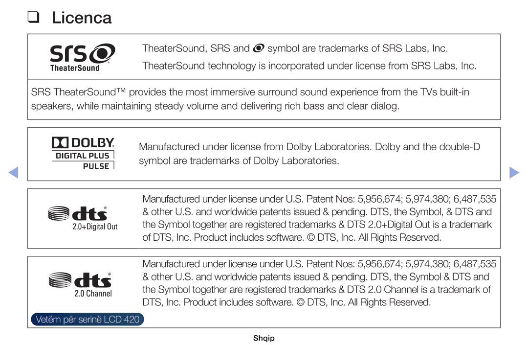 Samsung UE19ES4000WXXH, UE40EH5000WXXH, UE32EH5000WXXH, UE32EH4000WXXH Licenca, Symbol are trademarks of Dolby Laboratories 