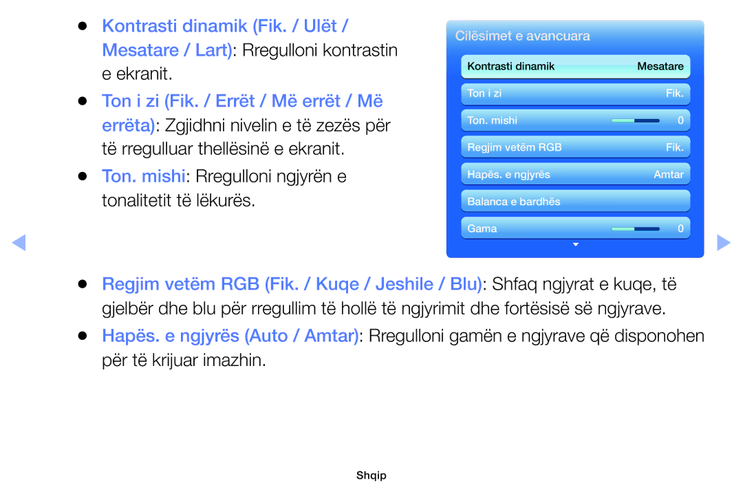Samsung UE22ES5000WXXH, UE40EH5000WXXH manual Ton. mishi Rregulloni ngjyrën e tonalitetit të lëkurës, Cilësimet e avancuara 