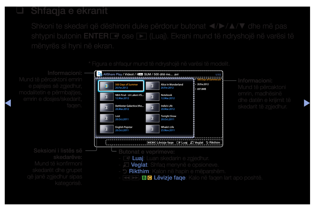 Samsung UE40EH5000WXXH, UE32EH5000WXXH manual Shfaqja e ekranit, emrin e dosjes/skedarit, faqen, që janë zgjedhur sipas 