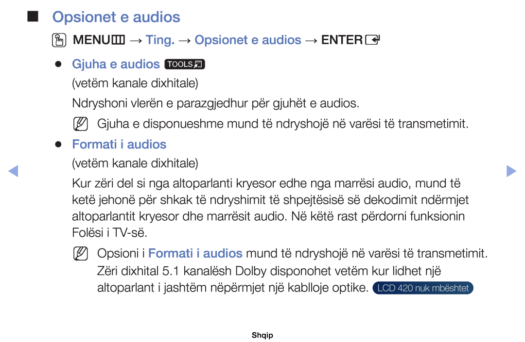 Samsung UE32EH5000WXXH manual OOMENUm → Ting. → Opsionet e audios → ENTERE, Gjuha e audios t, Formati i audios 