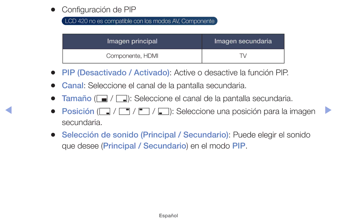 Samsung UE19ES4000WXXH Configuración de PIP, Canal Seleccione el canal de la pantalla secundaria, Posición, Secundaria 