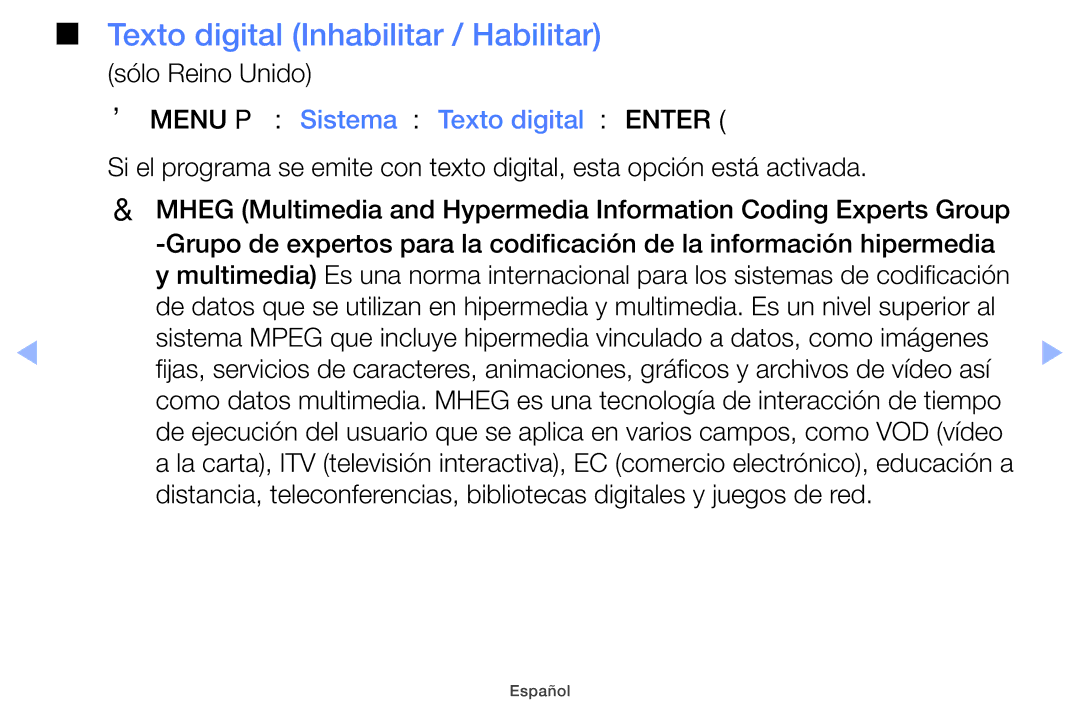 Samsung UE19ES4000WXXC Texto digital Inhabilitar / Habilitar, Sólo Reino Unido, OOMENUm → Sistema → Texto digital → Entere 