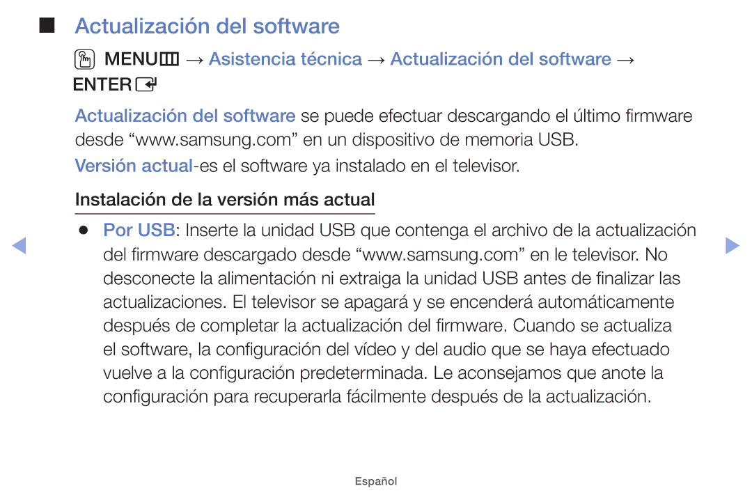 Samsung UE46EH5000WXTK, UE40EH5000WXXH, UE40EH5000WXXC manual OOMENUm → Asistencia técnica → Actualización del software → 