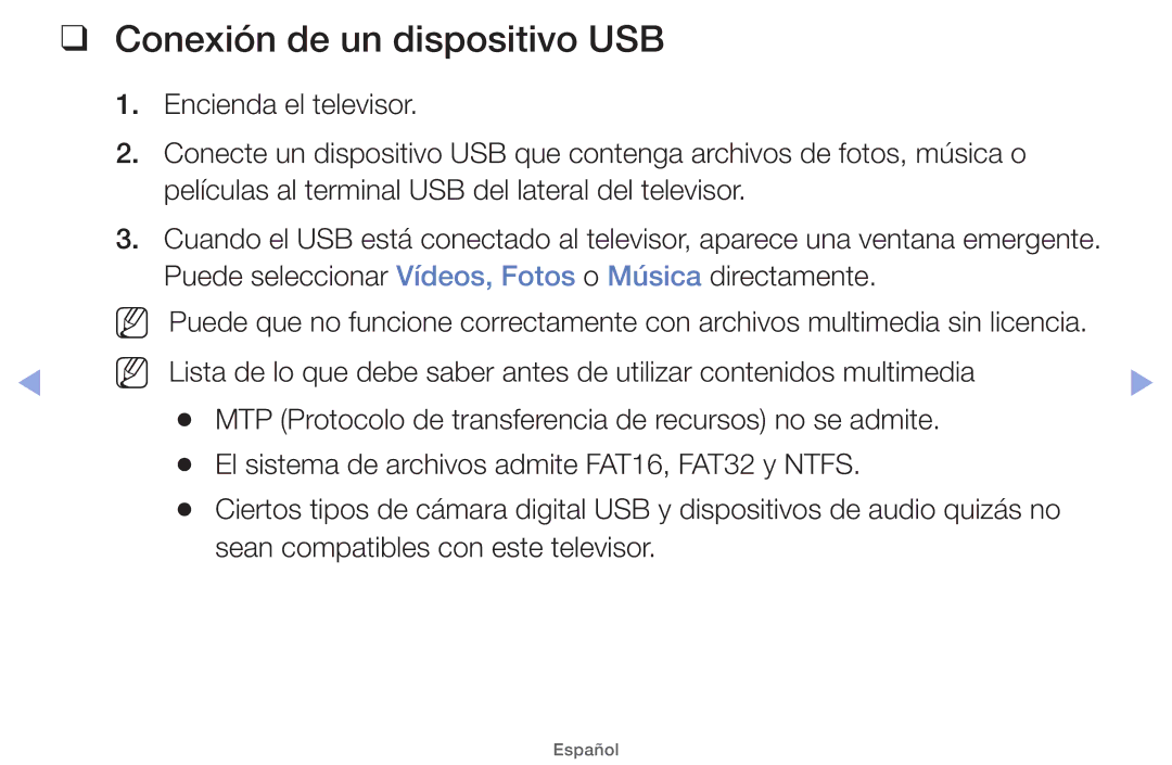 Samsung UE46EH5200SXZG, UE40EH5000WXXH, UE40EH5000WXXC, UE32EH5000WXXH, UE32EH4000WXTK manual Conexión de un dispositivo USB 