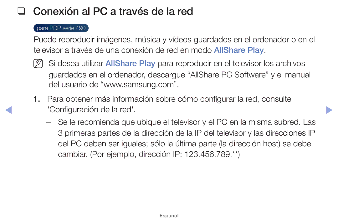 Samsung UE46EH5000WXXH, UE40EH5000WXXH manual Conexión al PC a través de la red, Cambiar. Por ejemplo, dirección IP 