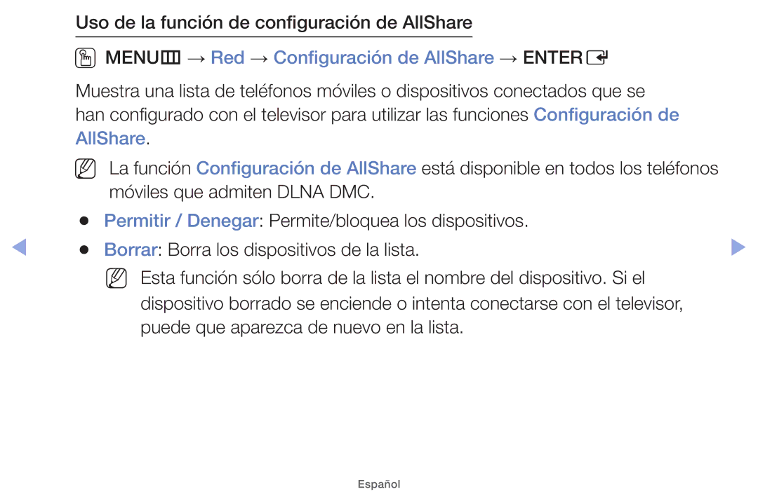 Samsung UE46EH5000WXXC Uso de la función de configuración de AllShare, OOMENUm → Red → Configuración de AllShare → Entere 