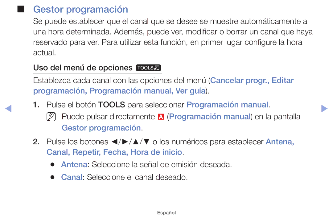 Samsung UE32EH5000WXXC, UE40EH5000WXXH, UE40EH5000WXXC manual Gestor programación, Canal, Repetir, Fecha, Hora de inicio 