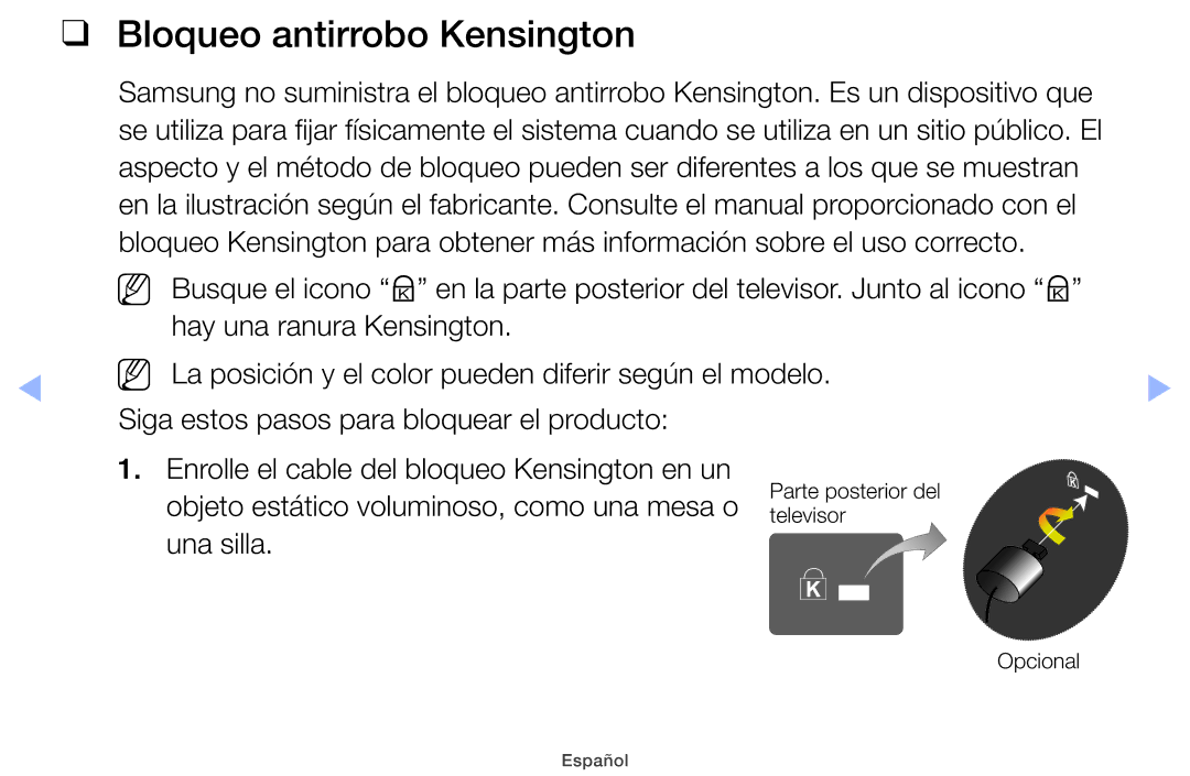 Samsung UE60EH6000SXXC manual Bloqueo antirrobo Kensington, Objeto estático voluminoso, como una mesa o, Una silla 