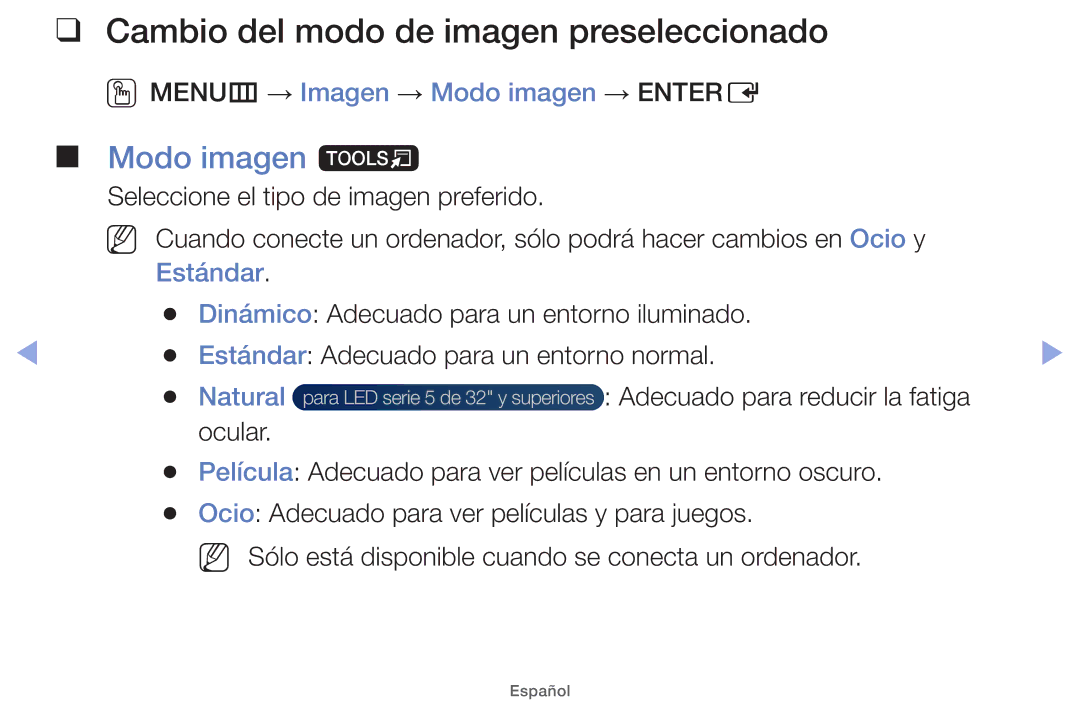 Samsung UE26EH4000WXXC Cambio del modo de imagen preseleccionado, Modo imagen t, OOMENUm → Imagen → Modo imagen → Entere 