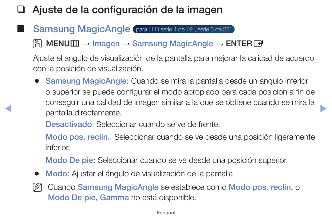 Samsung UE32EH4000WXZF, UE40EH5000WXXH, UE40EH5000WXXC manual Ajuste de la configuración de la imagen, Samsung MagicAngle 