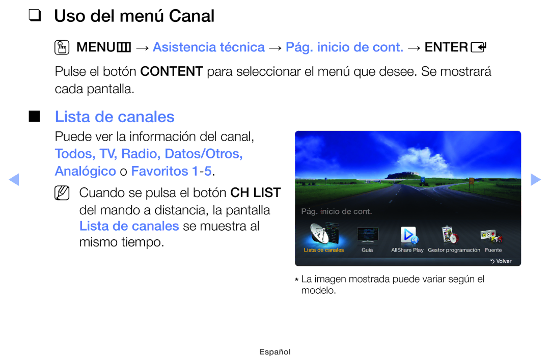 Samsung UE32EH4000WXXH manual Uso del menú Canal, Lista de canales, Todos, TV, Radio, Datos/Otros, Analógico o Favoritos 