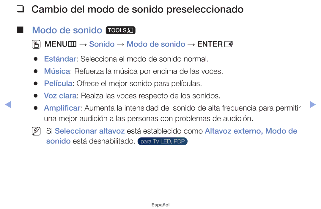 Samsung UE32EH4000WXTK, UE40EH5000WXXH, UE40EH5000WXXC manual Cambio del modo de sonido preseleccionado, Modo de sonido t 