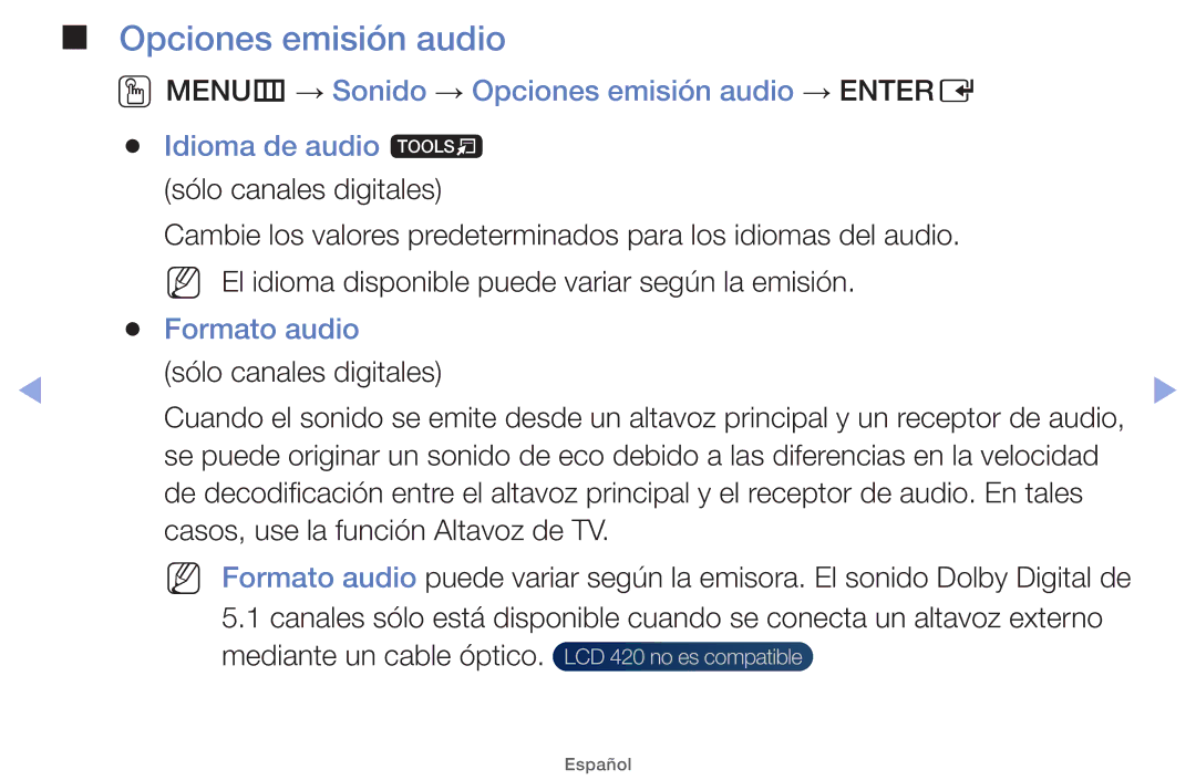 Samsung UE46EH5200SXZG, UE40EH5000WXXH, UE40EH5000WXXC, UE32EH5000WXXH, UE32EH4000WXTK Opciones emisión audio, Formato audio 