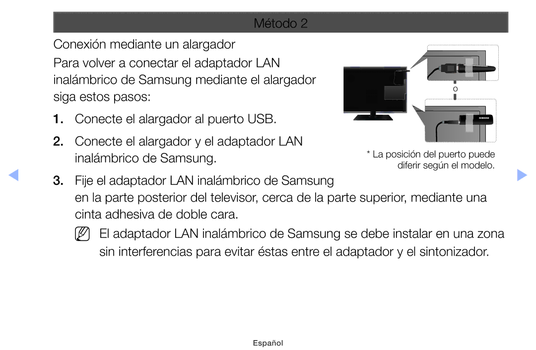 Samsung UE32EH4000WXXH, UE40EH5000WXXH Método Conexión mediante un alargador, Fije el adaptador LAN inalámbrico de Samsung 