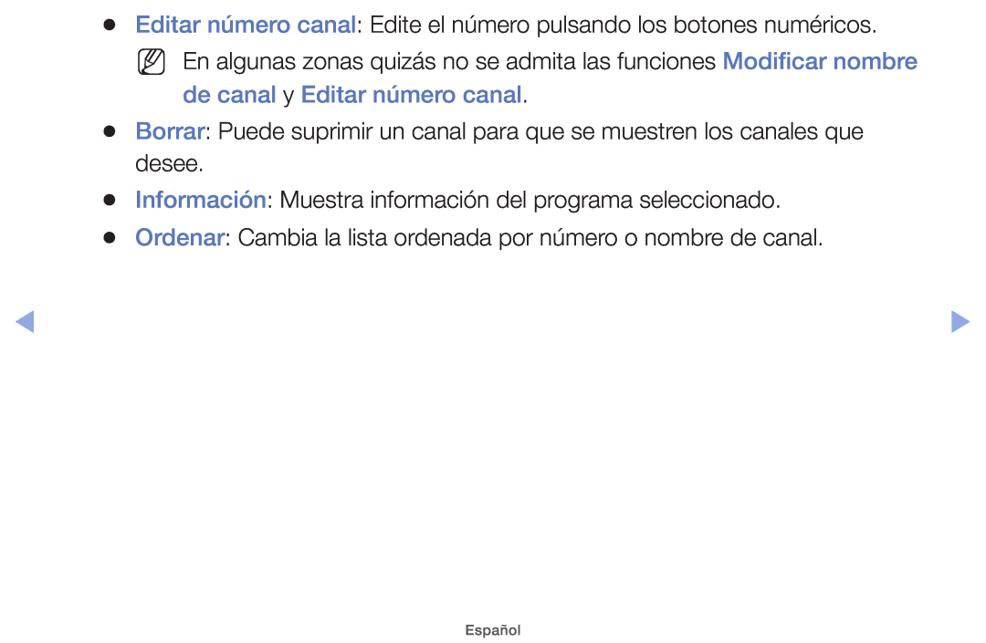 Samsung UE46EH5000WXTK de canal y Editar número canal, Información Muestra información del programa seleccionado, Español 