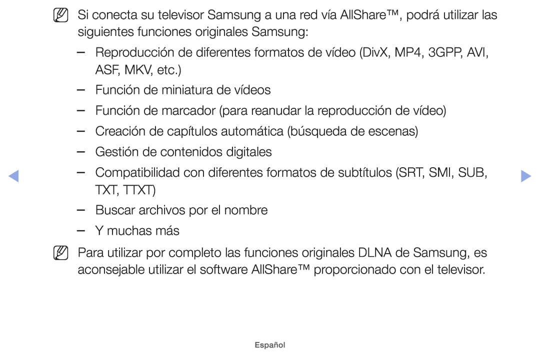 Samsung UE32EH4000WXXC, UE40EH5000WXXH, UE40EH5000WXXC Reproducción de diferentes formatos de vídeo DivX, MP4, 3GPP, AVI 