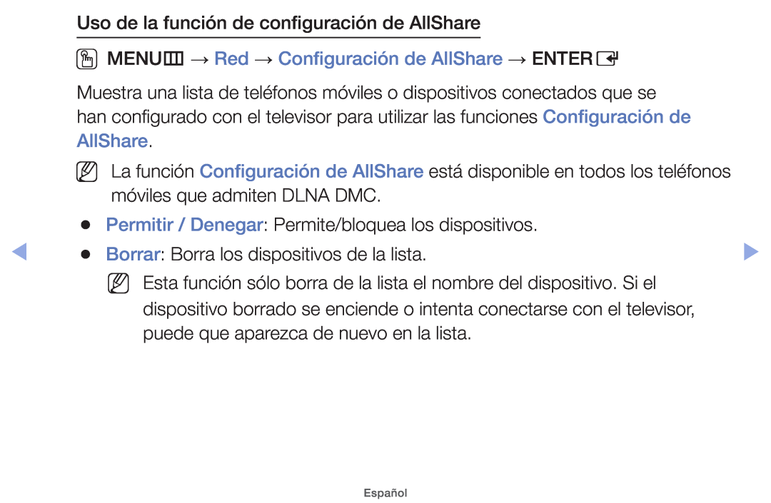 Samsung UE46EH5000WXXC Uso de la función de configuración de AllShare, OOMENUm → Red → Configuración de AllShare → ENTERE 
