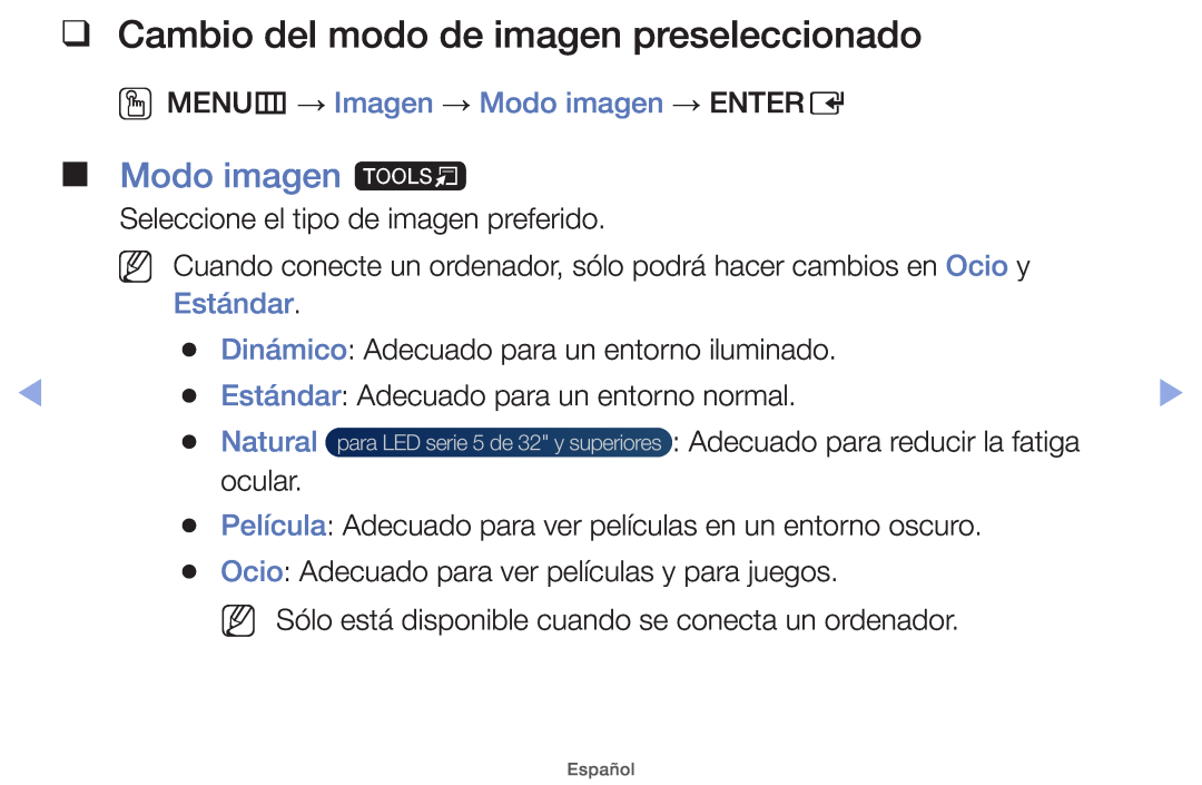 Samsung UE26EH4000WXXC Cambio del modo de imagen preseleccionado, Modo imagen t, OOMENUm → Imagen → Modo imagen → ENTERE 