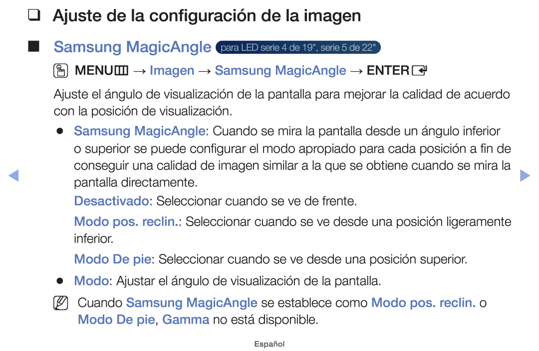 Samsung UE32EH4000WXZF, UE40EH5000WXXH, UE40EH5000WXXC manual Ajuste de la configuración de la imagen, Samsung MagicAngle 