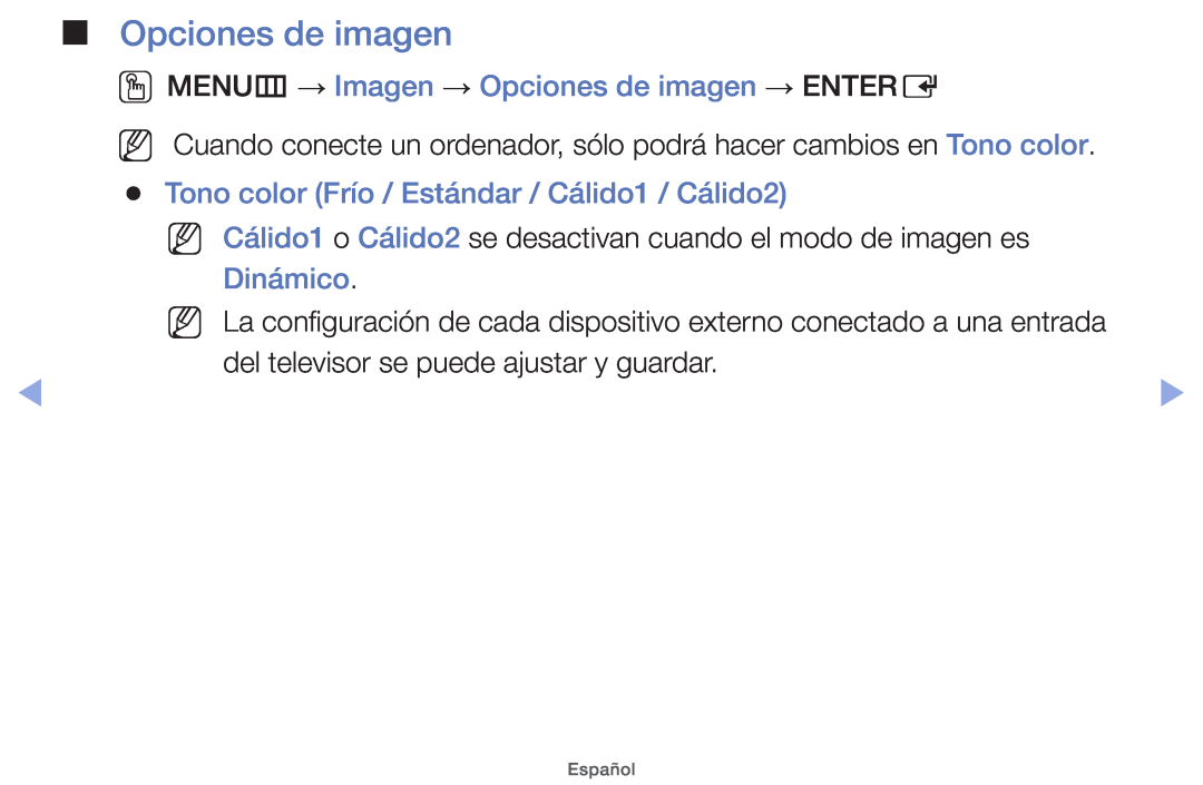 Samsung UE19ES4000WXXC OOMENUm → Imagen → Opciones de imagen → ENTERE, Tono color Frío / Estándar / Cálido1 / Cálido2 