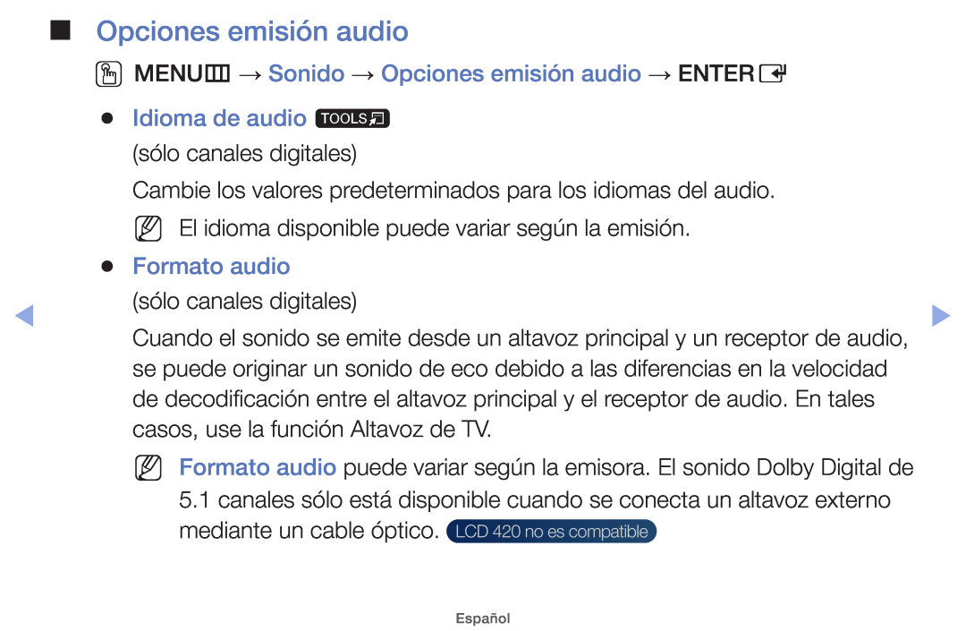 Samsung UE46EH5200SXZG manual OOMENUm → Sonido → Opciones emisión audio → ENTERE, Idioma de audio t, Formato audio 