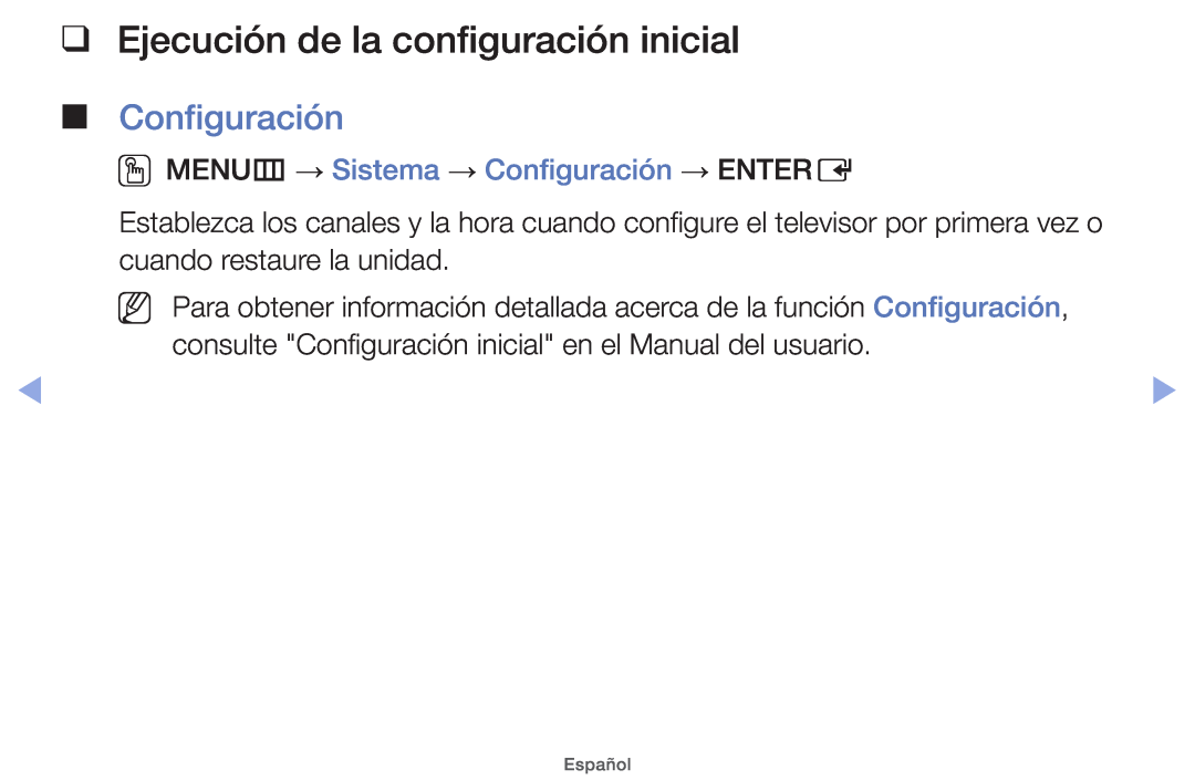 Samsung UE32EH4000WXXH Ejecución de la configuración inicial, OOMENUm → Sistema → Configuración → ENTERE, Español 