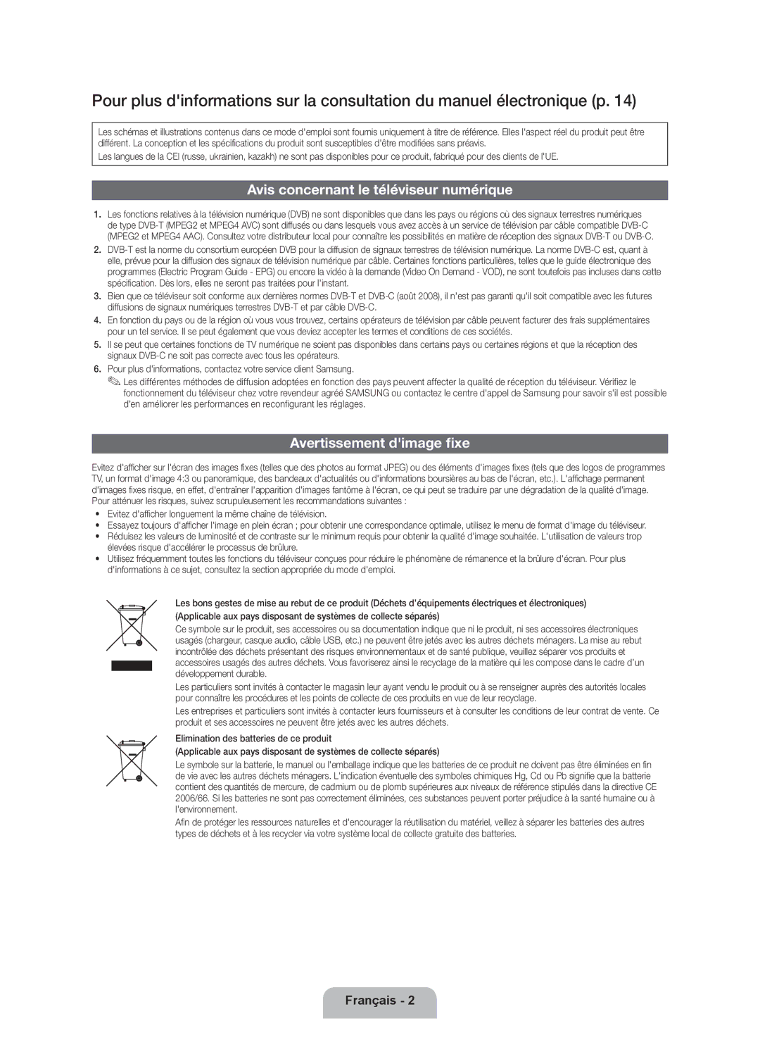 Samsung UE46EH5300WXZG manual Avis concernant le téléviseur numérique, Avertissement dimage fixe, Chaîne de télévision 